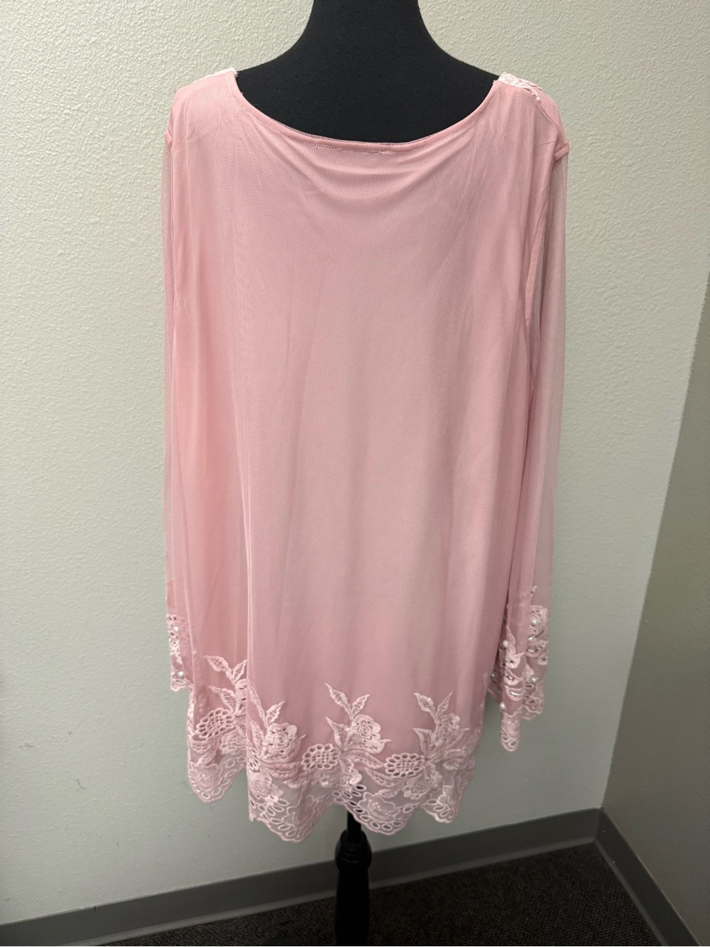 Roamans 26W Dusty Pink Lace Beaded Mesh Tunic Boho Romantic Blouse Top - Picture 3 of 10